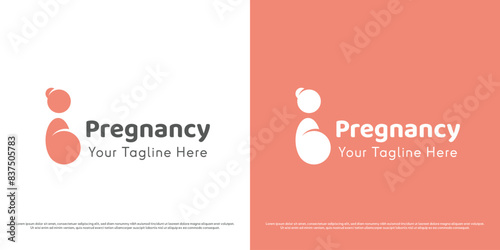 Pregnant mother logo design illustration. Silhouette of a mother with a large belly containing a fetus, baby, midwife, healthy child, care, support. Abstract minimal simple flat health icon symbol.
