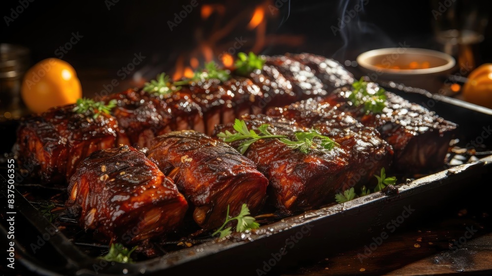 Realistic grilled barbeque with melted barbeque sauce and cut vegetables, black and blur background Realistic grilled barbeque with melted barbeque sauce and cut vegetables, black and blur background