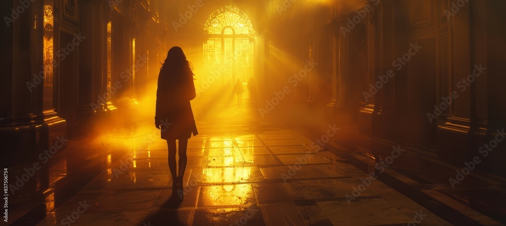 Silhouette of woman walking lonely on dark hallway. Stress unhappy mental health. Anxiety trauma depression. Generative AI technology.