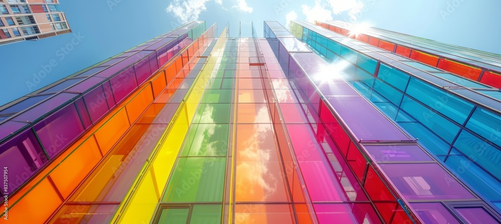 Colorful glass office building. LGBT pride gender equality. Generative AI technology.	
