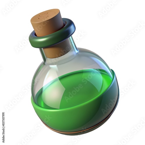 A mystical potion brews in a glass bottle, swirling with green liquid Potion magic enchants the witch's elixir, crafting a fantasy spell The 3d render Green liquid isolated on white background