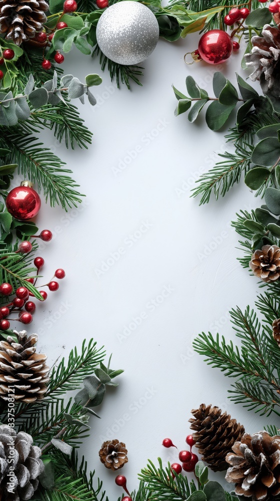 Elegant Christmas garland with red ornaments, pine cones, and twinkling lights on a white background. The bright and cheerful design is ideal for holiday decor and festive displays. Elegant Christmas garland with red ornaments, pine cones, and twinkling lights on a white background. The bright and cheerful design is ideal for holiday decor and festive displays.
