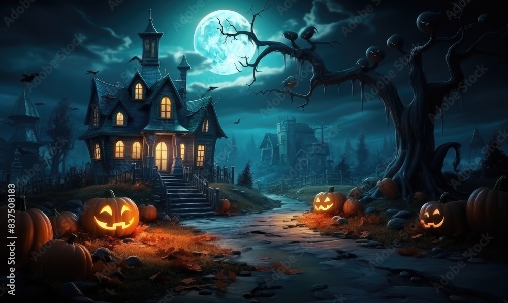 hellowen night, old house with pumpkins all around