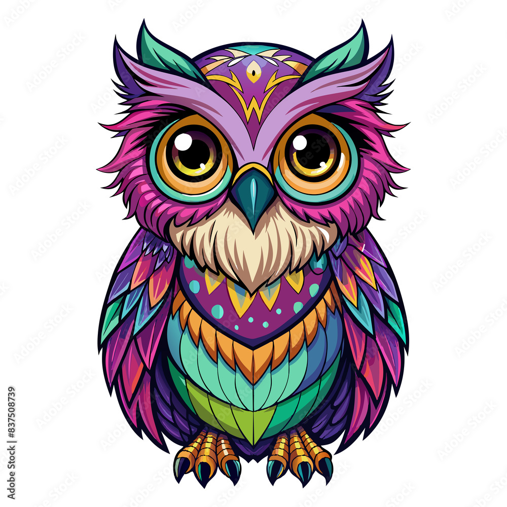 Fototapeta premium adorable psychedelic owl, fantasy colorful cubism, isolated on transparent background