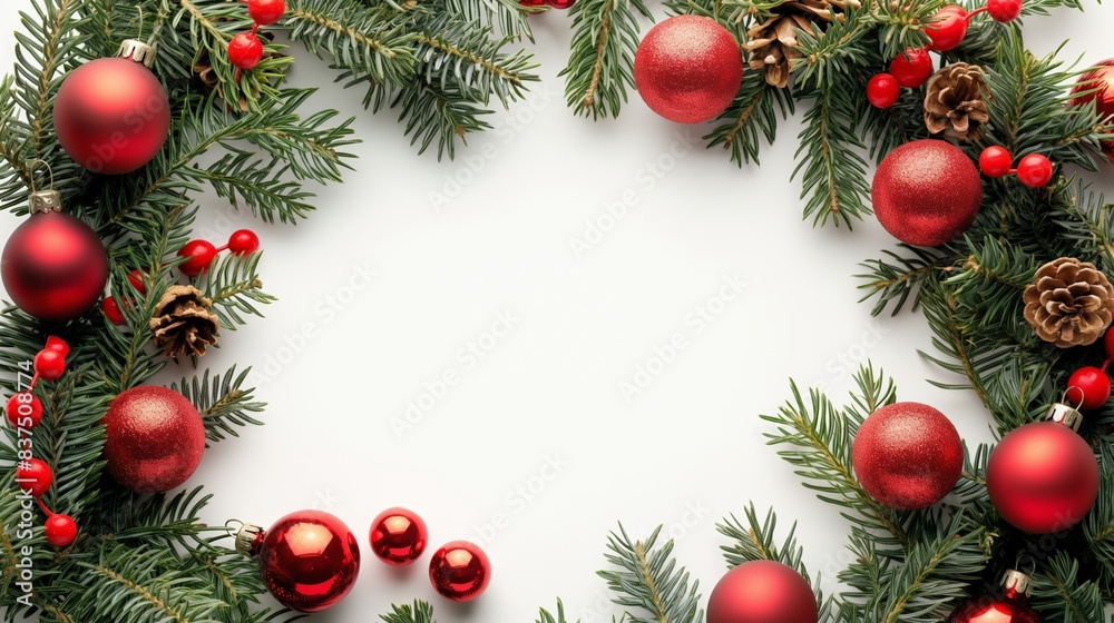 Minimalistic Christmas garland with red and gold ornaments, pine cones, berries, and lights outlining a white background. This bright and festive design is perfect for holiday decorations.