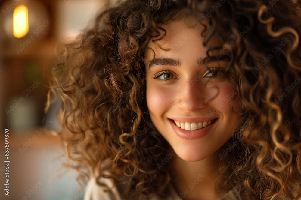 Portrait of Smiling Young Woman with Curly Hair Indoors Portrait of Smiling Young Woman with Curly Hair Indoors