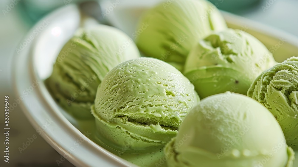 Close-up of fresh pistachio ice cream scoops - Delicious pistachio ice cream in a white bowl, close-up with selective focus on a creamy texture Close-up of fresh pistachio ice cream scoops - Delicious pistachio ice cream in a white bowl, close-up with selective focus on a creamy texture