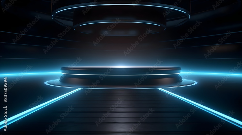 Futuristic Dark Podium and Corridor with Ethereal Lighting Reflection