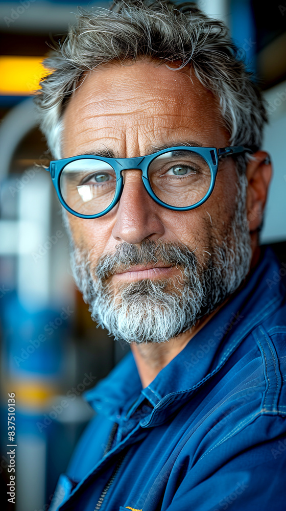 A man with a beard and glasses is smiling. He is wearing a blue jacket and a blue shirt