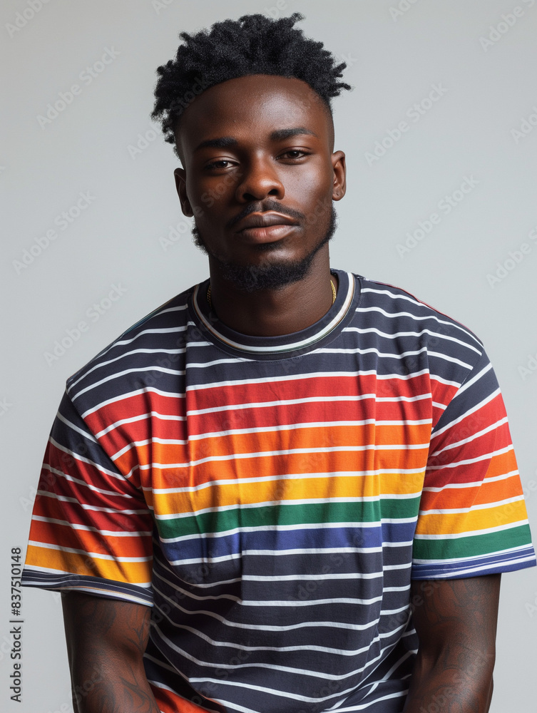 A handsome man wearing a colorful striped tee shirt with a plain gray background. A handsome man wearing a colorful striped tee shirt with a plain gray background.
