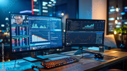 Wallpaper Mural Modern Workstation with Financial News Website and Video Conference Call Torontodigital.ca