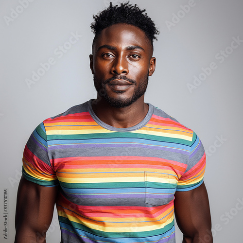 A handsome man wearing a colorful striped tee shirt with a plain gray background. 