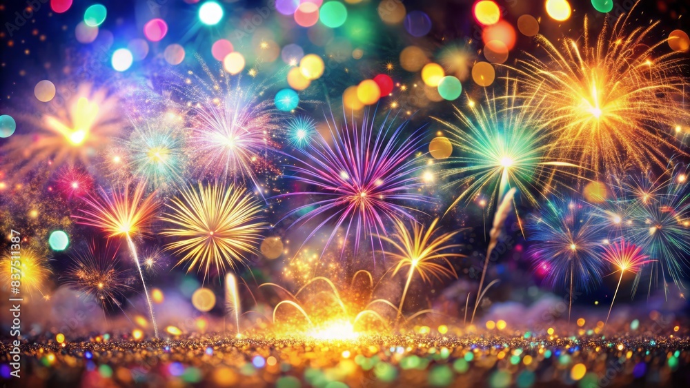 Vibrant confetti and glittering fireworks explode in a kaleidoscope of colours against a blurred graphic background, capturing the magic of a celebratory night.