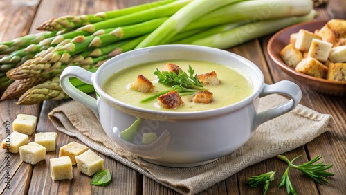 Freshly prepared warm frische spargelcremesuppe soup with tender asparagus, boiled to perfection, served in a white tureen with croutons and leek garnish. photo