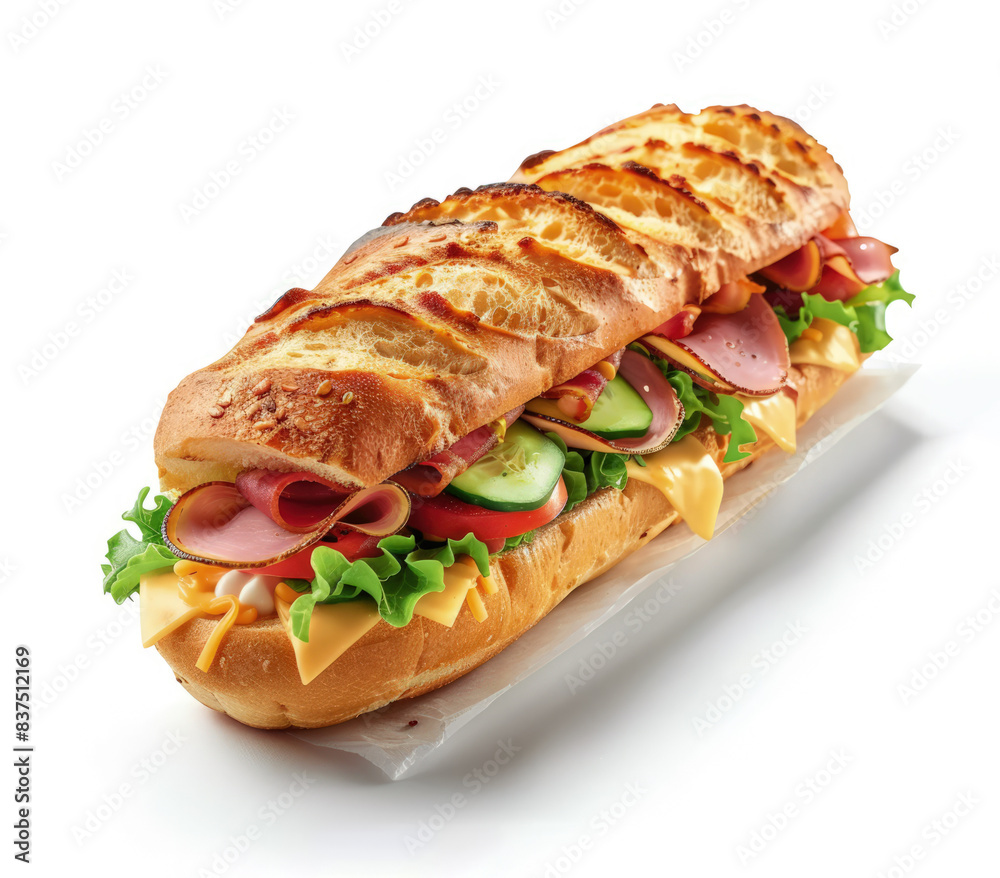 Sandwich with ham, cheese, tomatoes, cucumbers and salad from a whole fresh baguette Sandwich with ham, cheese, tomatoes, cucumbers and salad from a whole fresh baguette