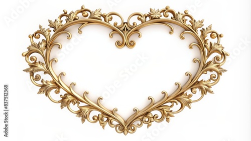 Intricately designed heart-shaped ornate frame with golden accents on a crisp white isolated background, perfect for valentine's day greeting cards and wedding invitations. photo