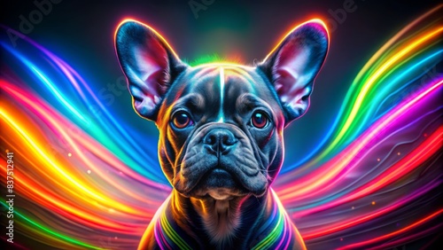 Vibrant, abstract, neon-lit, graphic portrait of a french bulldog puppy isolated on dark background, surrounded by radiant, swirling rainbow highlighter lines. photo