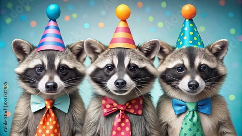 Whimsical raccoons in vibrant attire, polka-dot ties, and striped hats, pose isolated on a bright background, perfect for birthday invitations or playful advertisements. photo