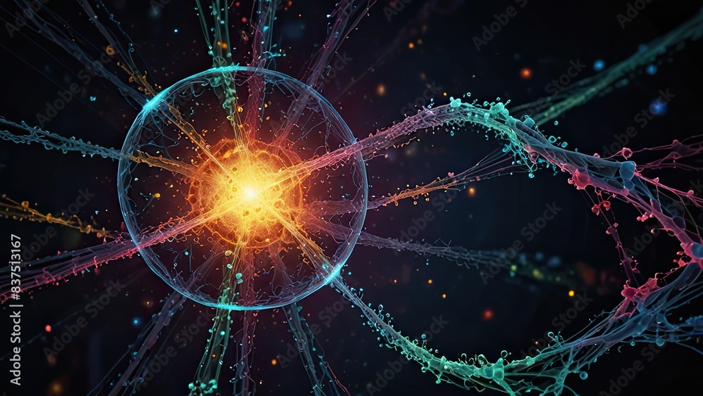 Fototapeta premium highly stylized and colorful representation of a subatomic particle. It appears to be an artistic interpretation of an atom or a virus-like structure