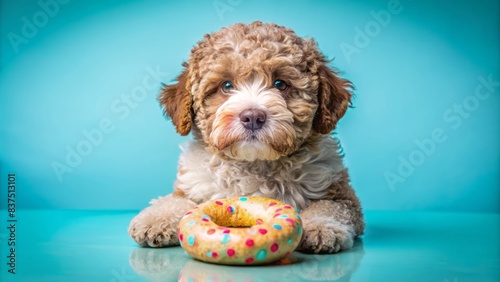 Adorable lagotto romagnolo puppy with pleading eyes fixates on a colorful sugar donut against soft pastel blue backdrop, conveying innocence and hunger. photo