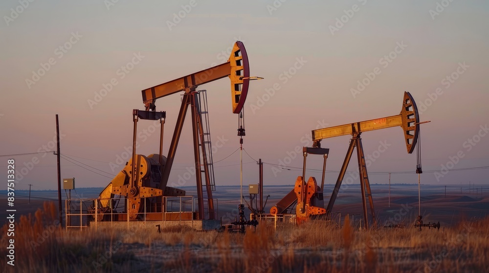 Oil pumpjacks against golden sunset sky - Oil extraction machinery standing tall against the glowing sunset sky, representing energy industry and natural resources Oil pumpjacks against golden sunset sky - Oil extraction machinery standing tall against the glowing sunset sky, representing energy industry and natural resources