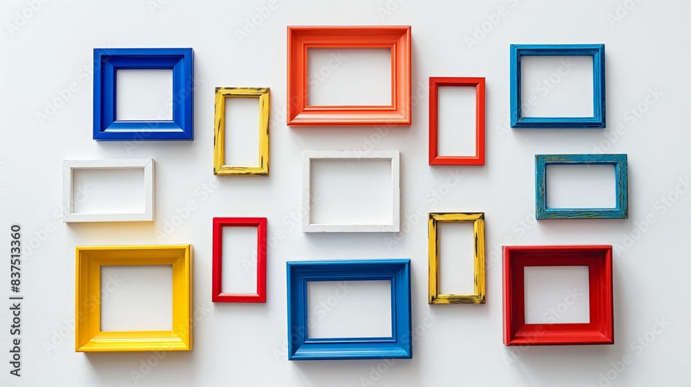 Creative arrangement of colorful empty frames on a bright white background. The minimalistic and cheerful design adds a modern touch to any decor. Creative arrangement of colorful empty frames on a bright white background. The minimalistic and cheerful design adds a modern touch to any decor.