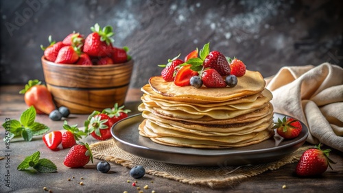 Delicate crepes and pancakes stacked high on a rustic stone background, adorned with fresh strawberries, on a soft linen tablecloth, inviting creative text overlay. photo