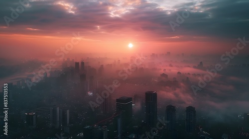 Evening view of a city filled with tall skyscrapers.