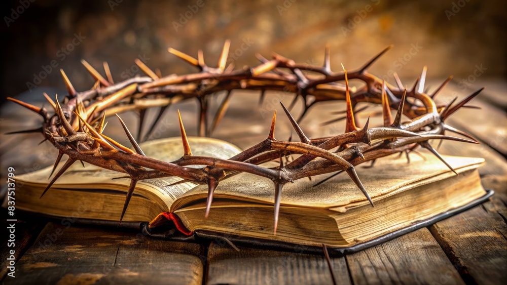 A worn, rusty crown of thorns lies atop an open holy bible on a gritty, earthy background, evoking a powerful, somber christian theme for easter reflections.