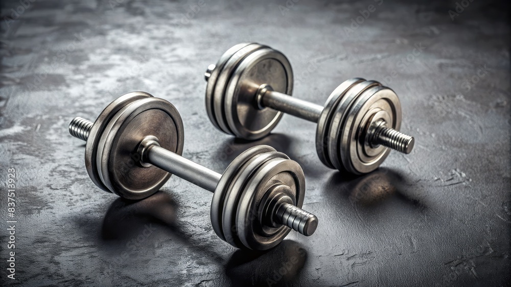 Two metal barbells with weights lie side by side on a grey textured table, with a shallow depth of field and ample space for overlaid text. Two metal barbells with weights lie side by side on a grey textured table, with a shallow depth of field and ample space for overlaid text.