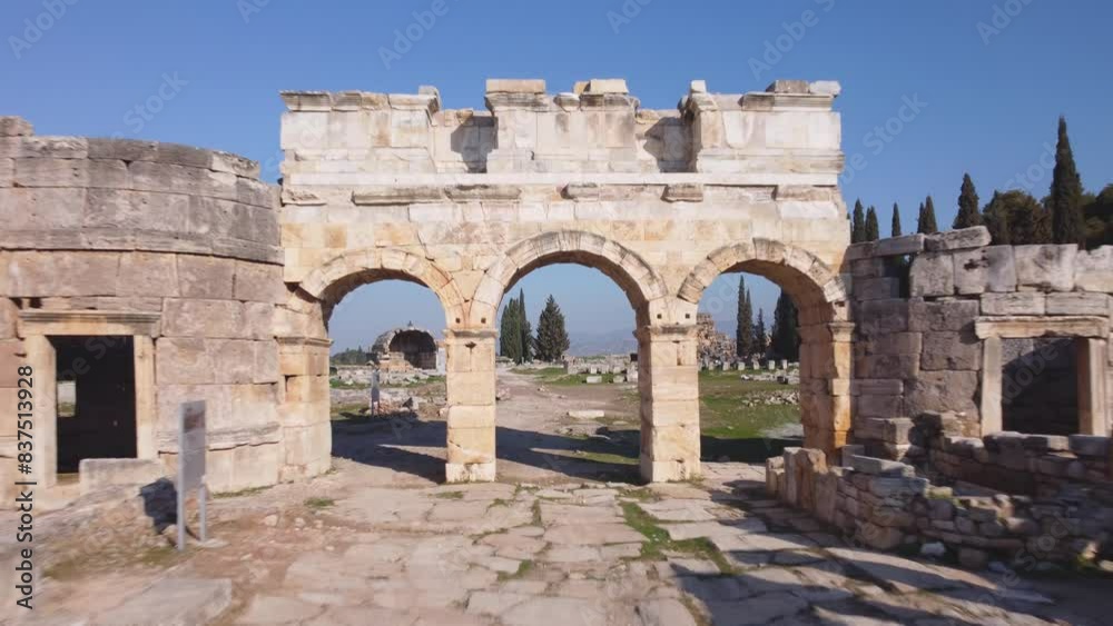 Historic arched city gates to the ruins on Main Street promenade walkway. Fly UP to Wide Landscape view Ancient Roman, Greek and now Turkish city of Hierapolis. Pamukkale, Denizli, Turkey (Türkiye) 4K Historic arched city gates to the ruins on Main Street promenade walkway. Fly UP to Wide Landscape view Ancient Roman, Greek and now Turkish city of Hierapolis. Pamukkale, Denizli, Turkey (Türkiye) 4K