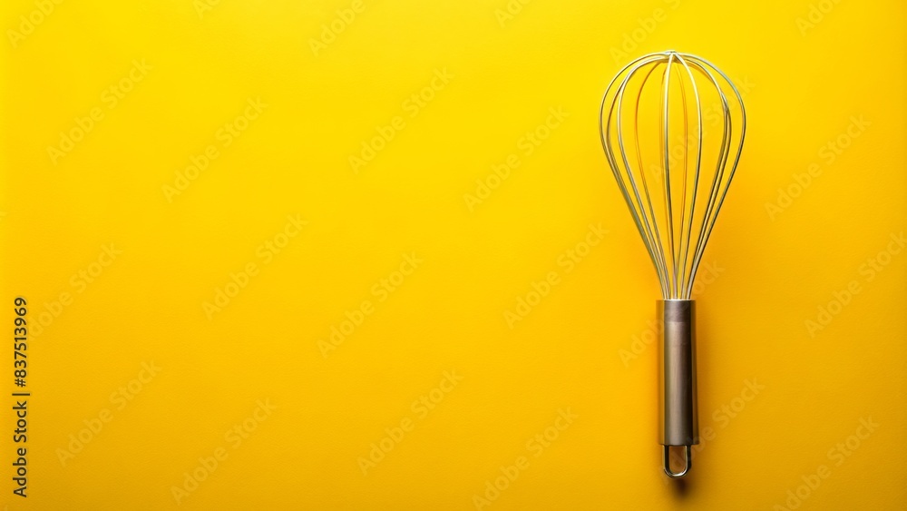 Vibrant yellow background showcases a solitary whisk, symbolizing culinary creativity, awaiting recipes and recipes yet to be crafted, with ample space for textual overlays. Vibrant yellow background showcases a solitary whisk, symbolizing culinary creativity, awaiting recipes and recipes yet to be crafted, with ample space for textual overlays.