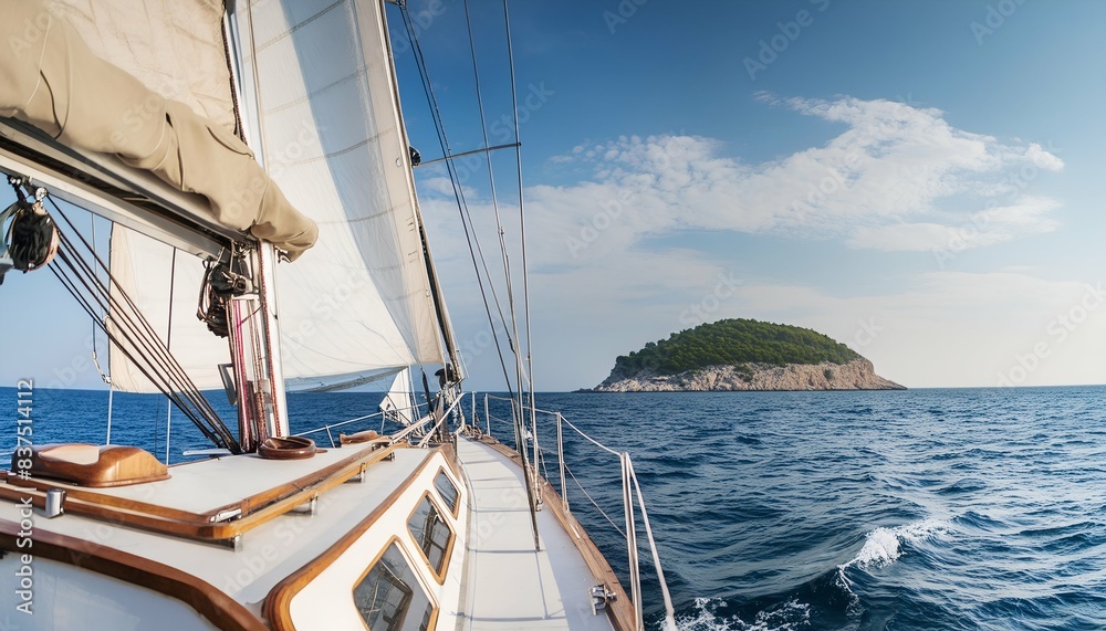 A sailing yacht cruising on the open sea with a view of distant islands. The clear blue water and sky create a perfect day for sailing, evoking a sense of adventure and freedom. 