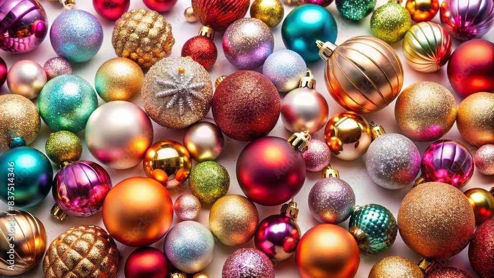 Sparkling ornaments in various sizes and shapes, featuring metallic finishes and vibrant colors, scattered artfully on a clean white background, exuding festive holiday charm. Sparkling ornaments in various sizes and shapes, featuring metallic finishes and vibrant colors, scattered artfully on a clean white background, exuding festive holiday charm.
