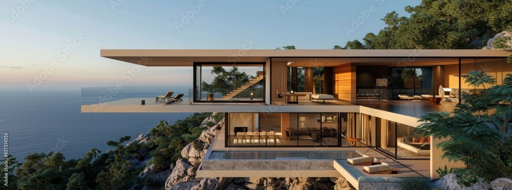 Contemporary, cantilevered house perched on the edge of a cliff with panoramic views generated by AI Contemporary, cantilevered house perched on the edge of a cliff with panoramic views generated by AI