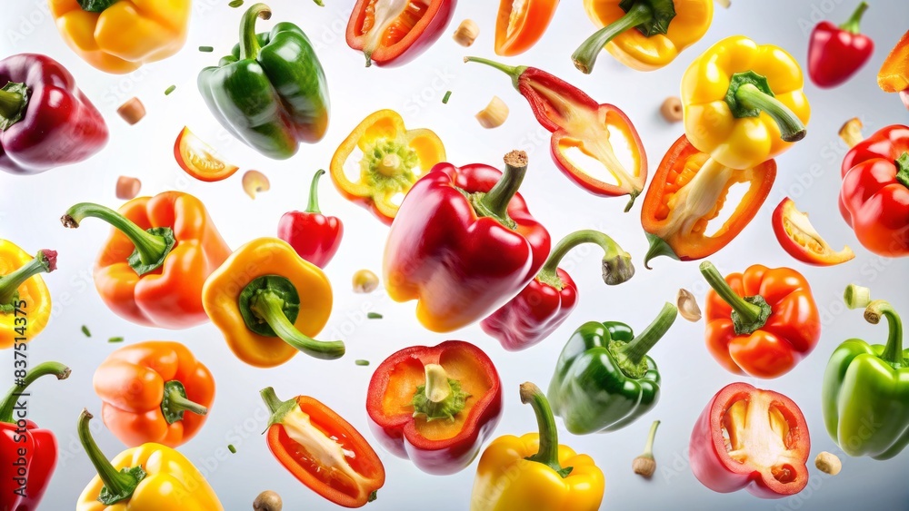 Vibrant grilled bell pepper slices suspended in mid-air against a pristine white background, showcasing their succulent texture and kaleidoscope of colors. Vibrant grilled bell pepper slices suspended in mid-air against a pristine white background, showcasing their succulent texture and kaleidoscope of colors.