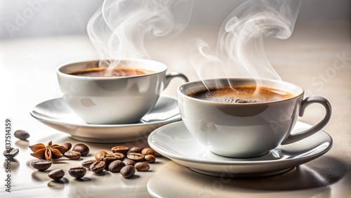 Richly aromatic steam rises from two freshly brewed cups of coffee, perfectly arranged on a clean white background, invitingly capturing morning serenity. photo