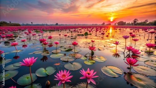 Vibrant pink water lilies blanket the serene lake at sunset, surrounded by lush greenery, in the stunning red lotus sea, udon thani, thailand. photo