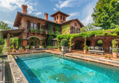 A large luxury home in Italy with an outdoor pool and wooden deck, surrounded by greenery and blue sky, overlooking the garden, pool, and house © Kien