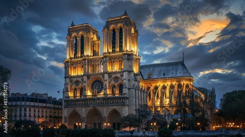 Majestic, medieval cathedral with gargoyles and flying buttresses, illuminated at night generated by AI