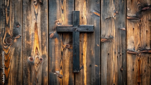 Aged wooden planks serve as a rustic backdrop for a worn, black cross, its simple yet profound symbolisms evoking feelings of spirituality and contemplation. photo