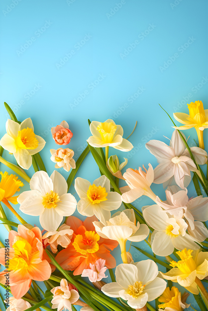 spring flowers on blue background 