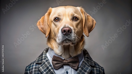 Adorable labrador retriever mix dog dressed in stylish attire, showcasing a shirt, bow tie, and jacket, posing elegantly against a plain background. photo