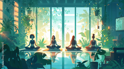  緑豊かなヨガスタジオで瞑想する女性たち
Women meditating in a yoga studio surrounded by greenery