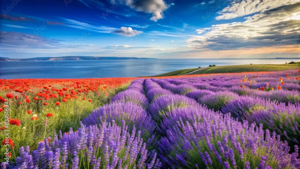 Naklejka premium Serenely majestic wild field of lavender and poppy flowers stretches towards the horizon, beneath a brilliant blue sky, with the sea shimmering in the distance.