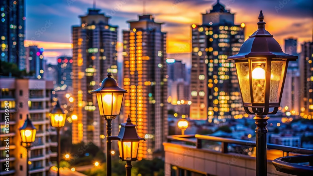 Vibrant urban nightscape with blurred lamp lights casting a warm glow on sleek buildings and residential houses, encapsulating the essence of metropolitan living. Vibrant urban nightscape with blurred lamp lights casting a warm glow on sleek buildings and residential houses, encapsulating the essence of metropolitan living.