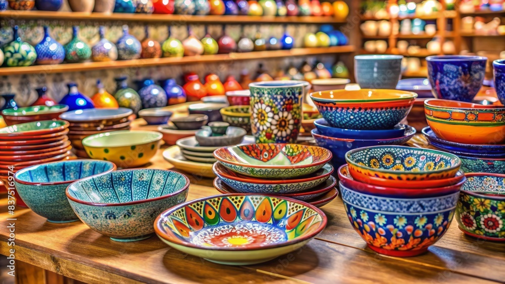Fototapeta premium Vibrant hand-painted ceramic cups, saucers, plates, and bowls, arranged artfully on a wooden counter, surrounded by subtle decorative accents, in a stylish store display.
