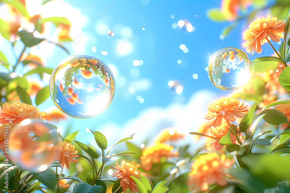 A beautiful scene of a field of flowers with two large bubbles floating above them. The bubbles are reflecting the sunlight and creating a sense of magic and wonder. The flowers are of various colors A beautiful scene of a field of flowers with two large bubbles floating above them. The bubbles are reflecting the sunlight and creating a sense of magic and wonder. The flowers are of various colors
