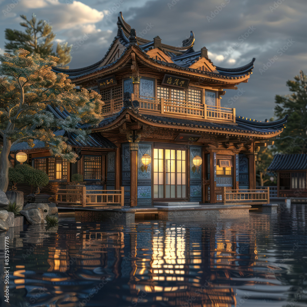 Obraz premium Elegant Chinese-inspired wooden house with pool