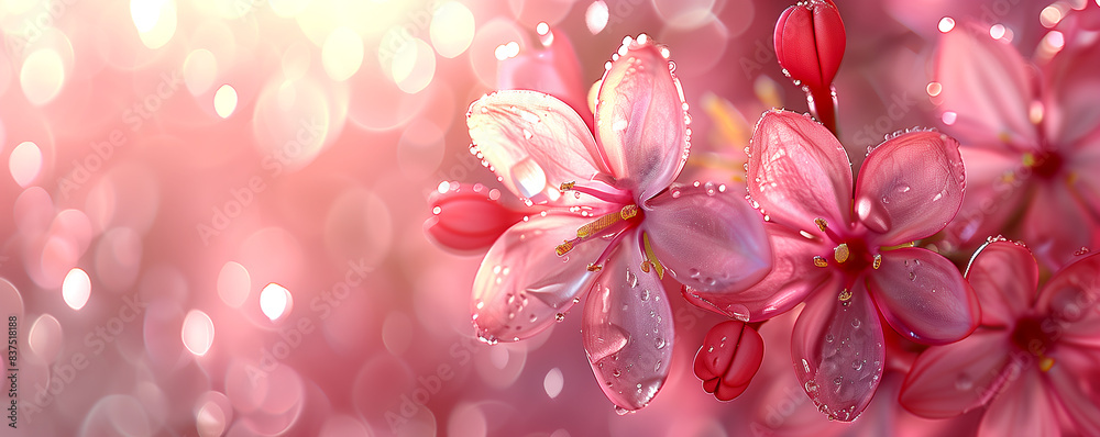 A close up of a pink flower with water droplets on it. The flower is surrounded by a blurry background, giving the impression of a dreamy, ethereal atmosphere A close up of a pink flower with water droplets on it. The flower is surrounded by a blurry background, giving the impression of a dreamy, ethereal atmosphere